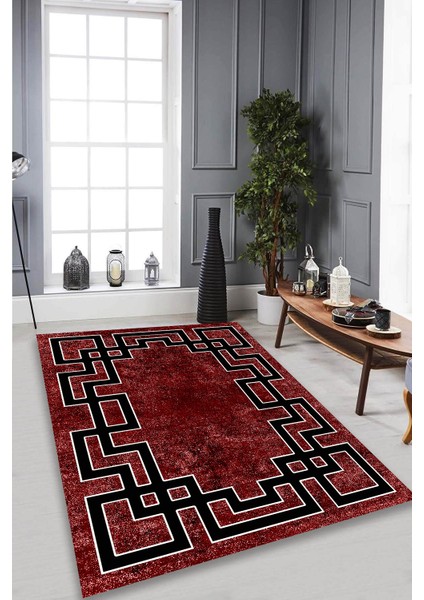 Labirent Motifli Kırmızı Halı (Makinada Yıkanabilir Kaymaz Dot Taban) - CP1279