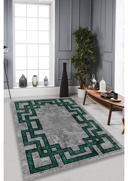 Yeşil Labirent Motifli Gri Halı (Makinada Yıkanabilir Kaymaz Dot Taban) - WL1280