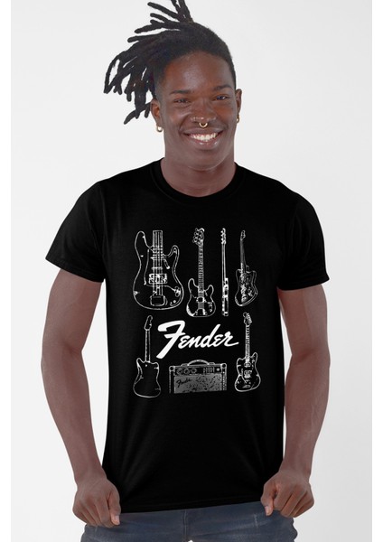 Fender Gitar Siyah Kısa Kollu Erkek T-Shirt