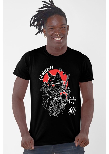 Kedi Samuray Siyah Kısa Kollu Erkek T-Shirt