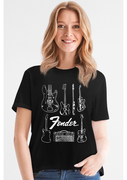Fender Gitar Siyah Kısa Kollu Kadın T-Shirt