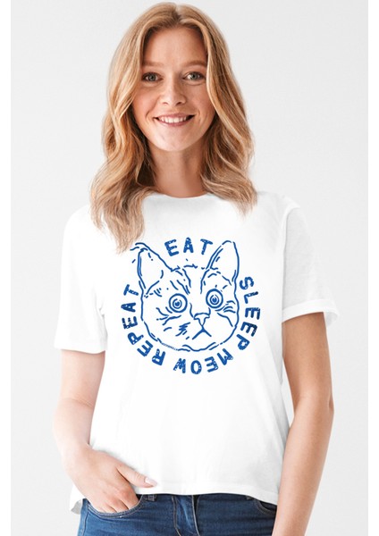 Şaşkın Kedi Beyaz Kısa Kollu Kadın T-Shirt