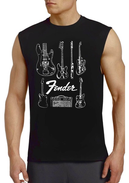 Fender Gitar Siyah Kesik Kol | Kolsuz Erkek T-Shirt | Atlet