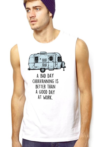 Karavan Hayatı Beyaz Kesik Kol | Kolsuz Erkek T-Shirt | Atlet