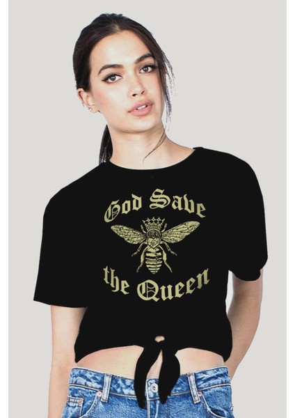 Kraliçe Arı Siyah Kısa, Kesik Bağlı Crop Top Kadın T-Shirt