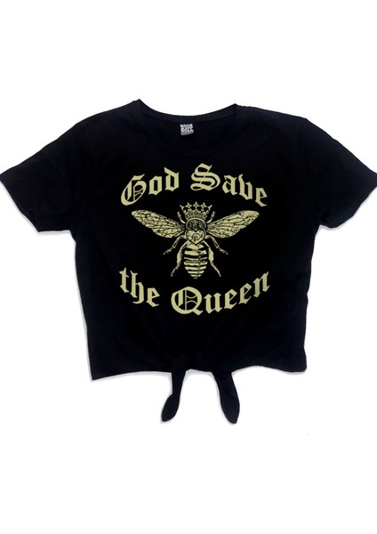Kraliçe Arı Siyah Kısa, Kesik Bağlı Crop Top Kadın T-Shirt fiyatları