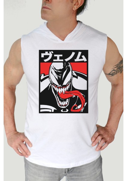 Uzun Dil Beyaz Kapşonlu|kolsuz Erkek Atlet T-Shirt