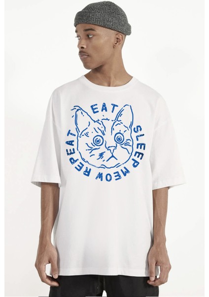 Şaşkın Kedi Beyaz Oversize Kısa Kollu Erkek T-Shirt