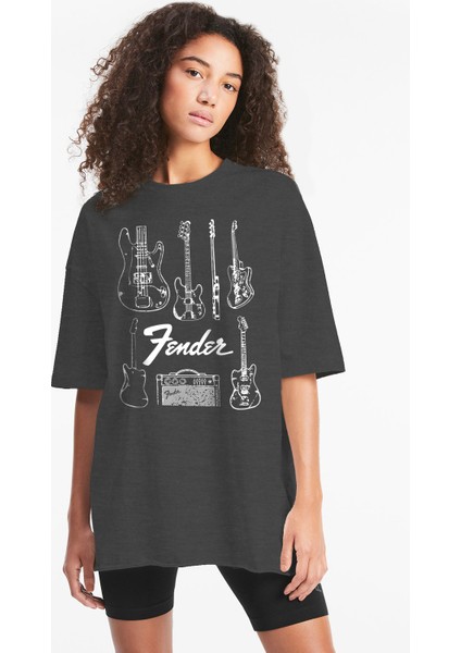 Fender Gitar Antrasit Oversize Kısa Kollu Kadın T-Shirt