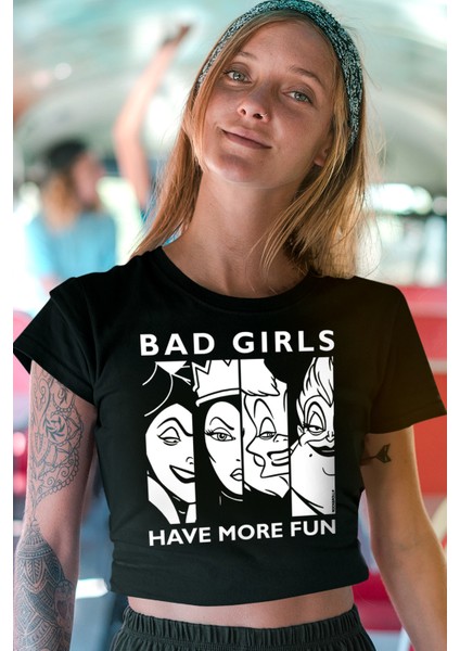 Eğlenceli Kadınlar Siyah Kısa, Kesik Crop Top Kadın T-Shirt