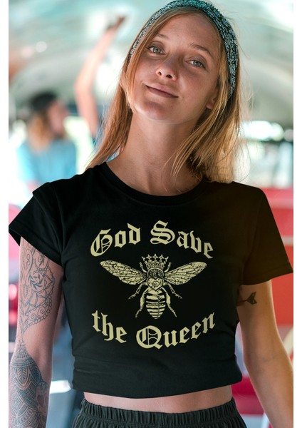 Kraliçe Arı Siyah Kısa, Kesik Crop Top Kadın T-Shirt