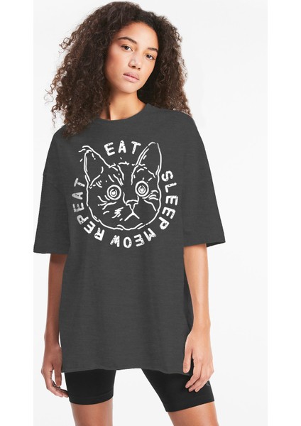 Şaşkın Kedi Antrasit Oversize Kısa Kollu Kadın T-Shirt