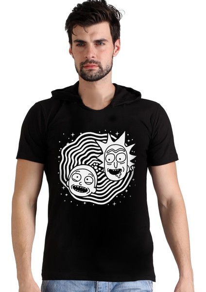 Dönen Kafalar Siyah Kapşonlu Kısa Kollu Erkek T-Shirt