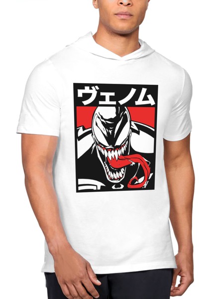Uzun Dil Beyaz Kapşonlu Kısa Kollu Erkek T-Shirt