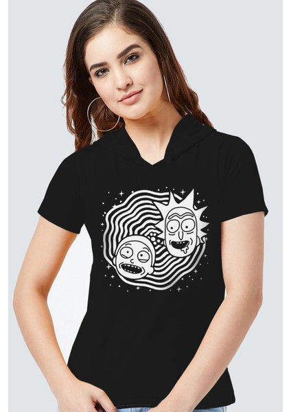 Dönen Kafalar Siyah Kapşonlu Kısa Kollu Kadın T-Shirt
