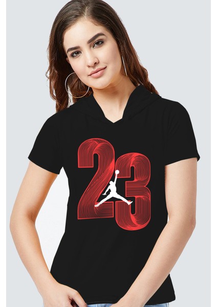 Yirmi Üç Siyah Kapşonlu Kısa Kollu Kadın T-Shirt