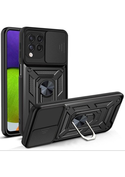 Samsung Galaxy M32 4g Kılıf Tank Aramid Sürgülü Vega Yüzüklü Siyah