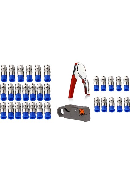 Takım Koaksiyel Kablo Sıkma Kiti Aracı Için Rg6 RG59 ve 20 Paket Rg6 F Tipi Konnektör Koaksiyel Koaksiyel Sıkıştırma Uydurma (Mavi)