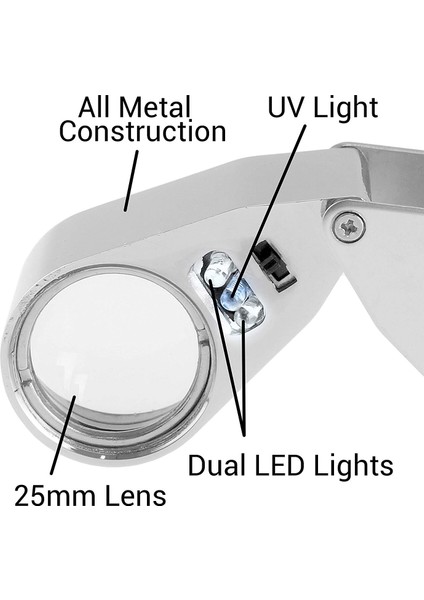 Metal Konstrüksiyonlu ve Optik Camlı 40X Işıklı Kuyumcu LED Uv Lens Büyüteç (40X x 25 Mm, Gümüş)(Yurt Dışından) indirimleri