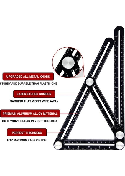 Çok Açılı Cetvel Şablonu Katlanır Açı Ölçme Aleti Alet Tuğla Karo -Siyah indirimleri