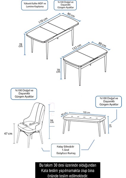 Concept Are Serisi 80 x 132 cm Açılabilir Benchli Mdf Beyaz Mermer Desen Mutfak Masa Takımı 4 Sandalye 1 Bench