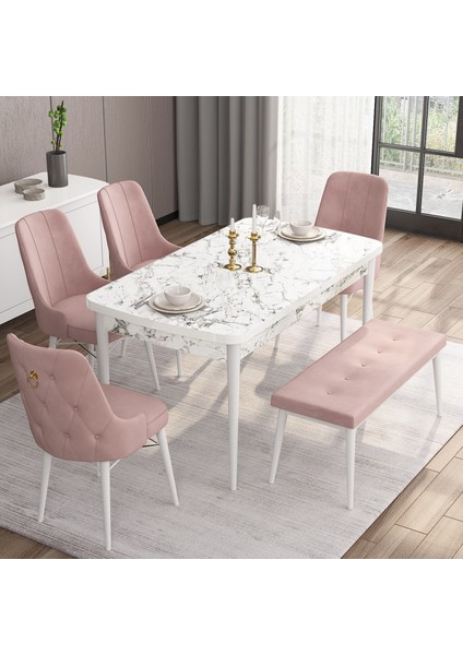 Concept Are Serisi 80 x 132 cm Açılabilir Benchli Mdf Beyaz Mermer Desen Mutfak Masa Takımı 4 Sandalye 1 Bench