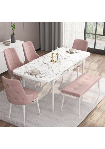 Concept Are Serisi 80 x 132 cm Açılabilir Benchli Mdf Beyaz Mermer Desen Mutfak Masa Takımı 4 Sandalye 1 Bench fiyatları
