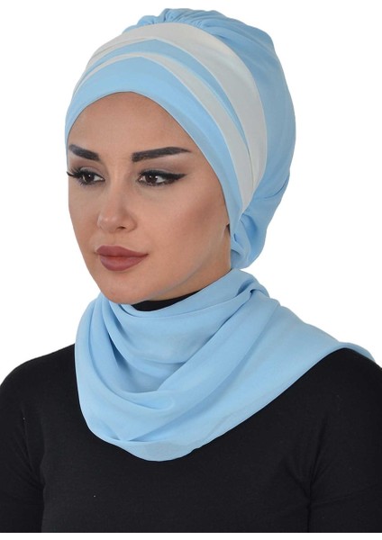 Çapraz Dikim Çift Renkli Fularlı Şifon Hazır Türban Bebe Mavisi-Krem Ht-52