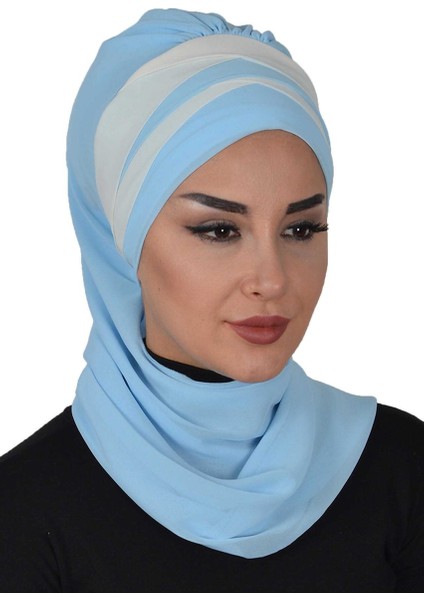 Çapraz Dikim Çift Renkli Fularlı Şifon Hazır Türban Bebe Mavisi-Krem Ht-52