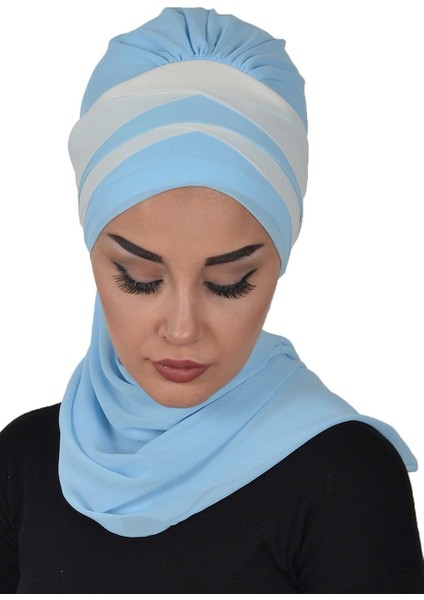 Çapraz Dikim Çift Renkli Fularlı Şifon Hazır Türban Bebe Mavisi-Krem Ht-52