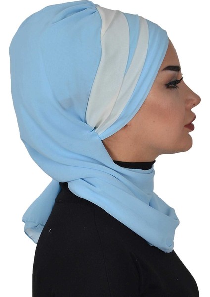 Çapraz Dikim Çift Renkli Fularlı Şifon Hazır Türban Bebe Mavisi-Krem Ht-52