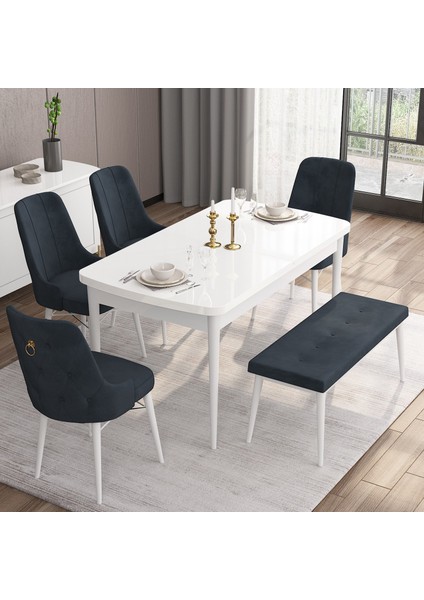 Concept Are Serisi 80 x 132 cm Açılabilir Benchli Mdf Beyaz Mutfak Masa Takımı 4 Sandalye 1 Bench