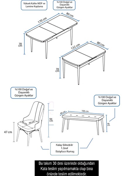 Concept Are Serisi 80 x 132 cm Açılabilir Benchli Mdf Beyaz Mutfak Masa Takımı 4 Sandalye 1 Bench