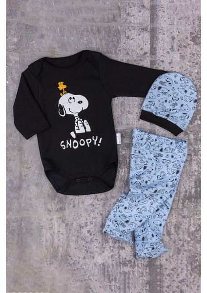 Snoppy Köpek Baskılı 3 Parça Badili Erkek Bebek Takım Açık Mavi