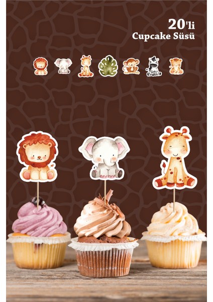 Safari Hayvanları Pastel Cupcake Süsü 20'li *kalın Kağıt