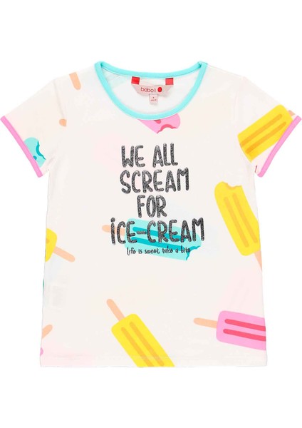 Kız Çocuk Dondurma Desenli Kısa Kollu Tişört Beyaz