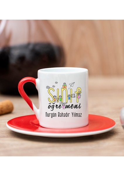 Kişiye Özel Sınıf Öğretmeni Kırmızı Türk Kahvesi Fincanı