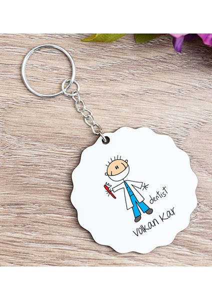 Kişiye Özel Erkek Diş Hekimi Karikatürü Ahşap Anahtarlık