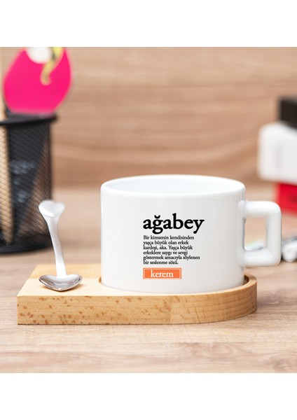 Kişiye Özel Ağabey Kelime Anlamı Ahşap Altlıklı Fincan