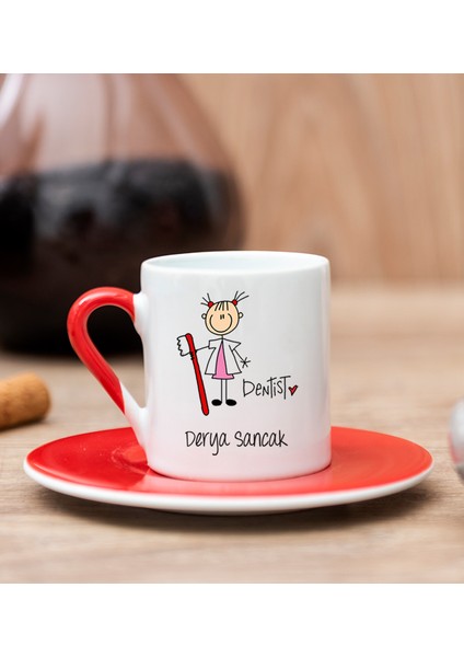 Kişiye Özel Bayan Diş Hekimi Karikatürü Kırmızı Türk Kahvesi Fincanı