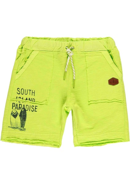Erkek Çocuk Yazı Baskılı Bermuda Şort Neon Yeşil