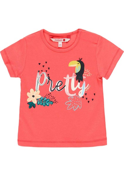Kız Çocuk Tukan Baskılı Kısa Kollu Tişört Kırmızı