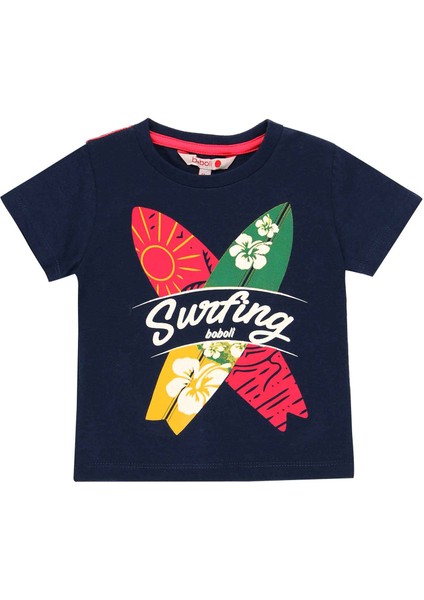 Erkek Çocuk Sörf Temalı Kısa Kollu Tişört Siyah