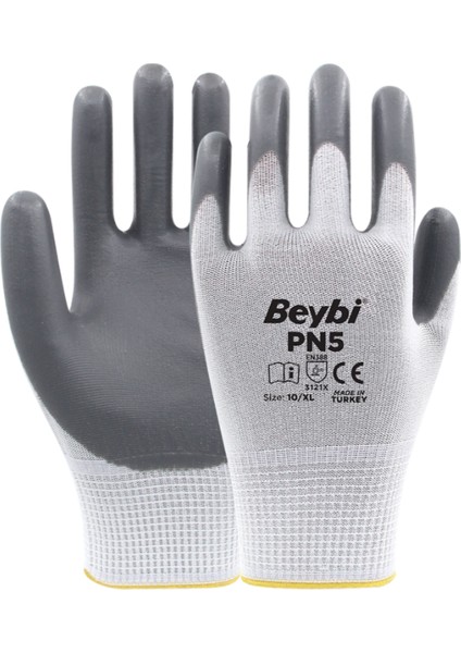 Beybi Pn5 Polyester Örme Nitril Eldiven Gri No:10 12'li Peket