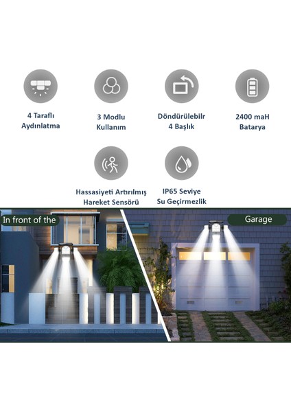 180COB Ledli Solar 4başlıklı Bahçe Aydınlatma Duvar Lambası Güneş Enerji Hareket Sensörlü