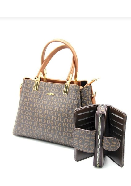 Kadın Kahve Taba 5 Bölmeli Çanta ve Cüzdan Takımı