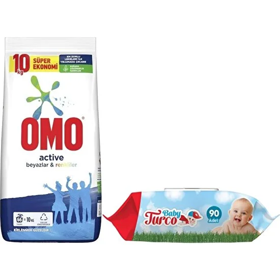 Baby Turco Omo Matik Toz Çamaşır Deterjanı 10KG Beyazlar ve Renkliler (66 Yıkama) + Islak Mendil Hediyeli
