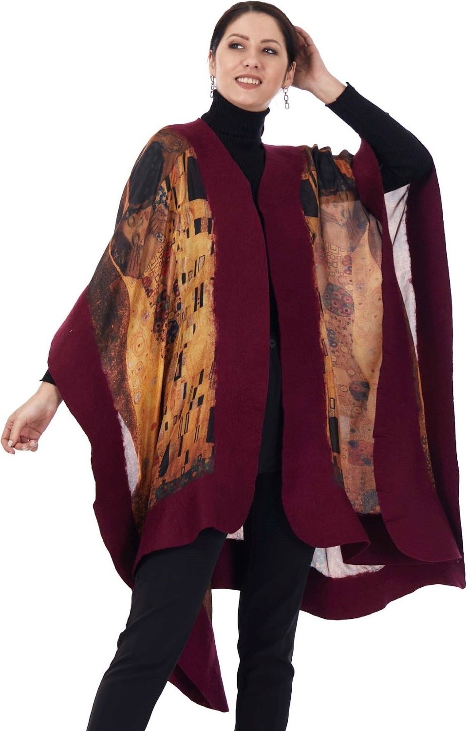 Nomads Felt Yün Ipek Keçe Bordo Panço Gustav Klimt The Kiss görsel 2