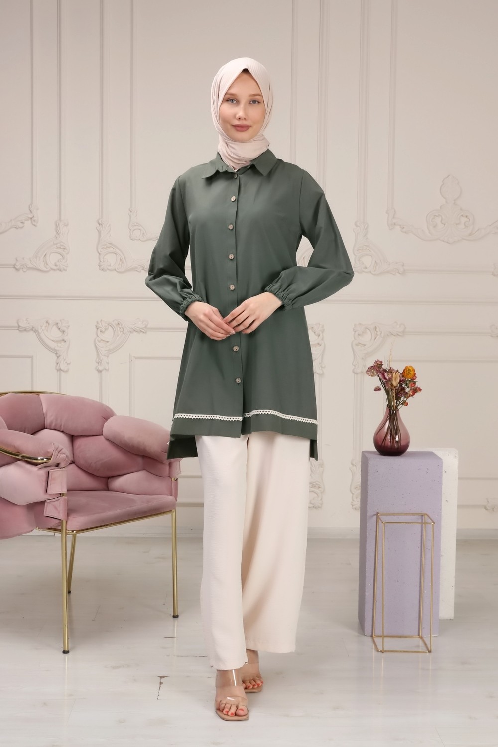 Alisma Moda Alisma Pamuklu Dantel Detaylı Gömlek - Haki