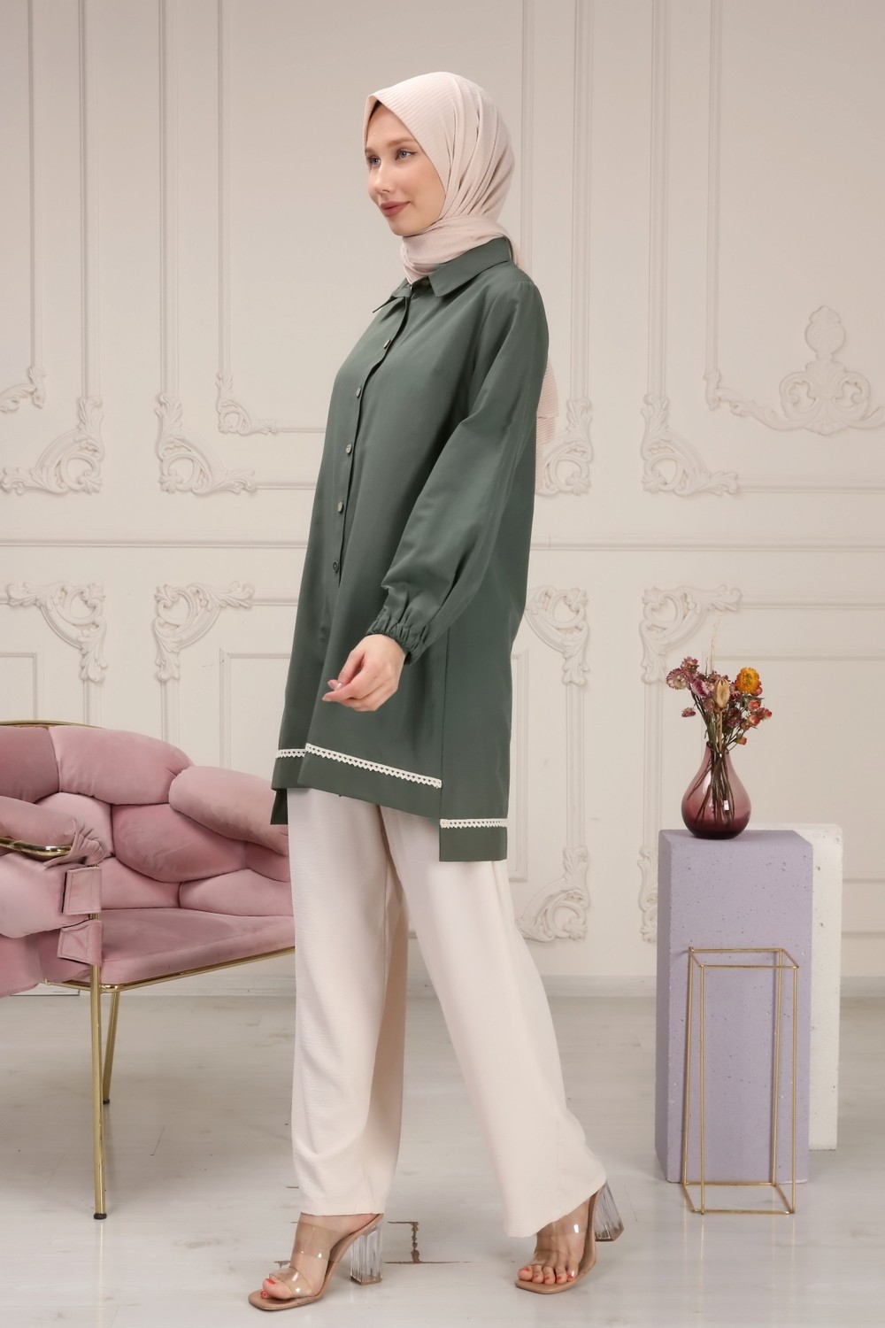 Alisma Moda Alisma Pamuklu Dantel Detaylı Gömlek - Haki görsel 2